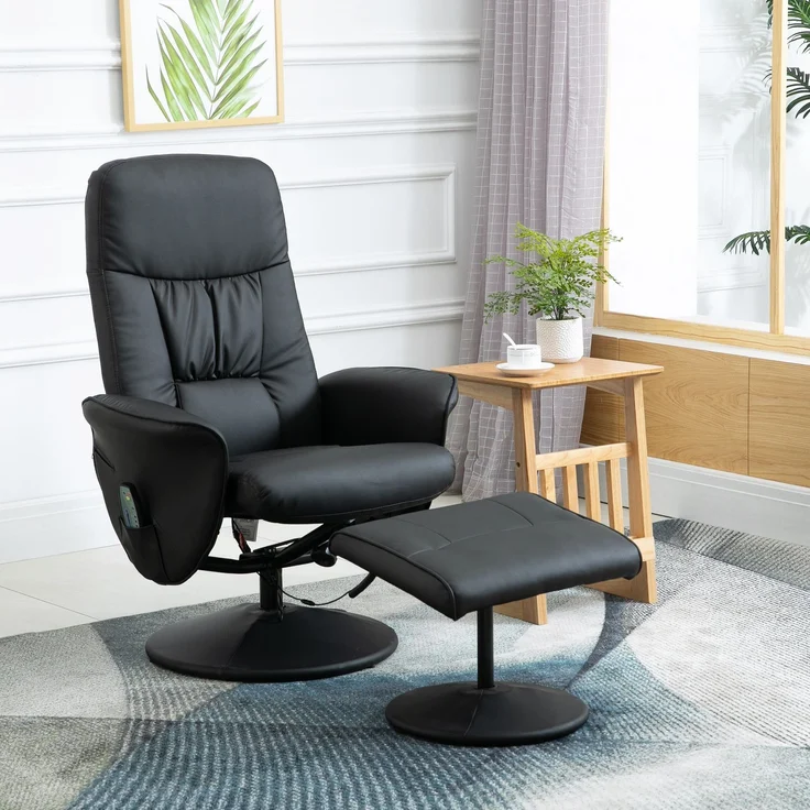 HOMCOM Relaxsessel mit Fußhocker, Kunstleder, Stahl, Schwarz, 76B x 81T x 105H cm – Bild 2