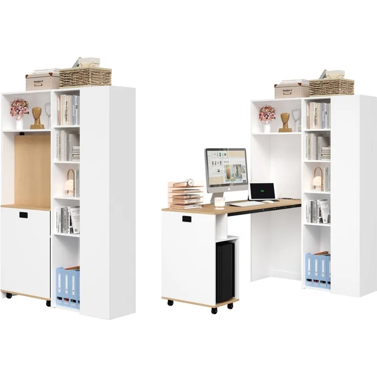 BlingBin Eckschreibtisch Klappbarer Schreibtisch mit Regal (1-St, platzsparendes 2-in-1 Design mit EU-Steckdose und USB-Anschlüssen), Hochschrank mit höhenverstellbaren Böden