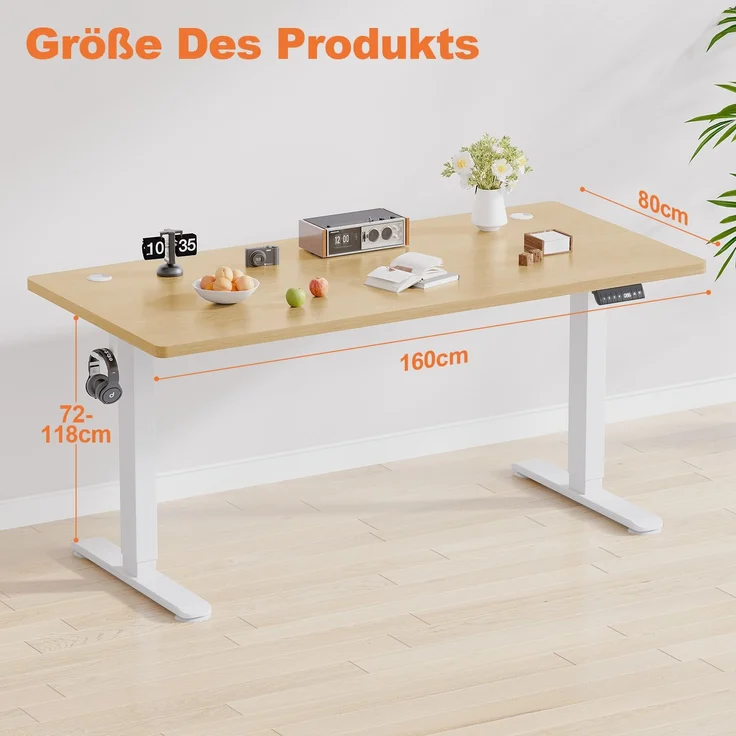 Elektrisch höhenverstellbarer Schreibtisch, Memory-Funktion, USB-Anschluss, Kabelmanagement, Holzwerkstoff / Metall, Beige, 160 x 80 cm, Höhe 72-118 cm – Bild 5