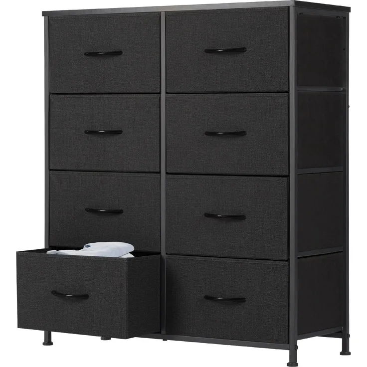 Sweetcrispy Kommode für Schlafzimmer, breite Schublade Kommode, 8 Stoffschubladen mit Griffen, Schubladen aus Stoff, Schrank, TV Stand für Schlafzimmer, Schrank, Wohnzimmer, Kinderzimmer, Schwarz
