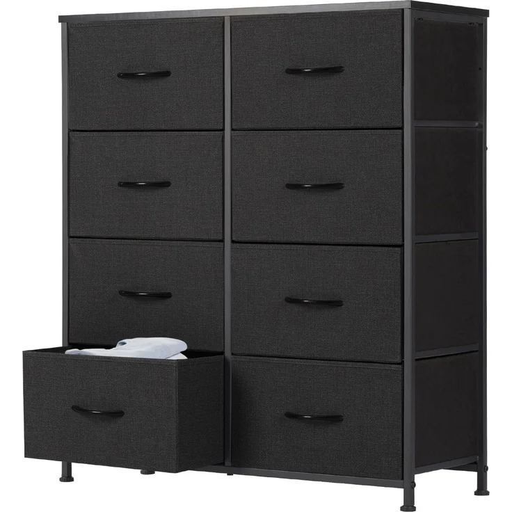 Sweetcrispy Kommode für Schlafzimmer, breite Schublade Kommode, 8 Stoffschubladen mit Griffen, Schubladen aus Stoff, Schrank, TV Stand für Schlafzimmer, Schrank, Wohnzimmer, Kinderzimmer, Schwarz