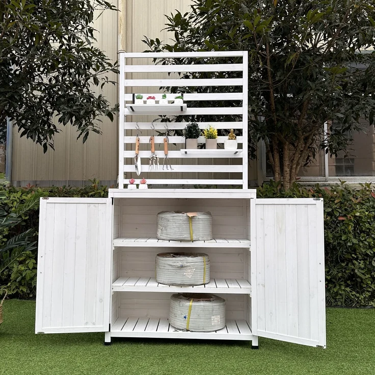 LECO Gartenregal THEA, Tannenholz weiß lasiert, Ablagefläche Stahlblech silber, 94x42x200 cm – Bild 2
