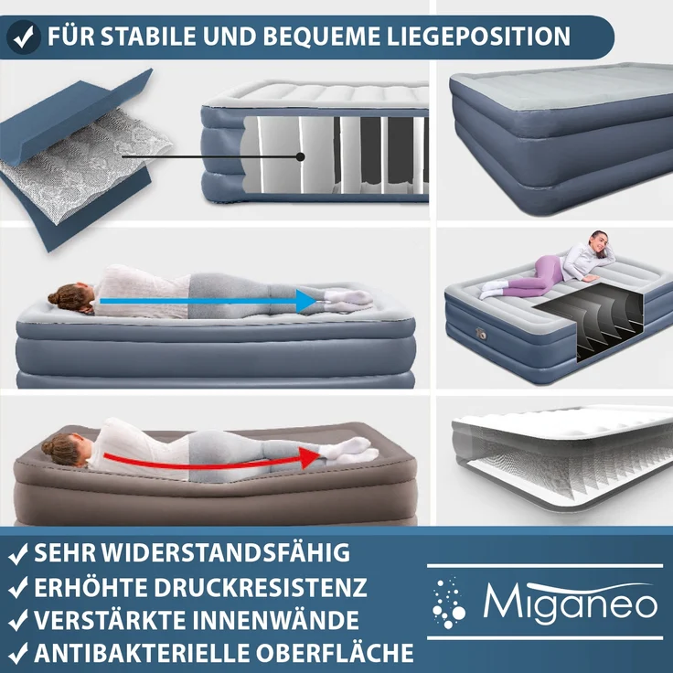 Miganeo Luftbett 203 x 152 x 51 cm Deluxe | mit integrierter Elektropumpe – Bild 6