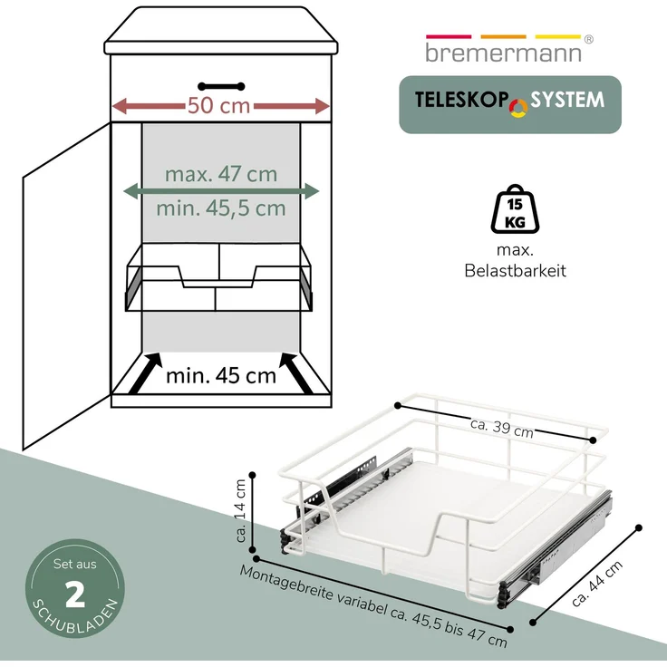 Teleskopschubladen 2er Set - für 50 cm Schrank mit Einlegeboden, aus Metall, (Weiß) – Bild 7