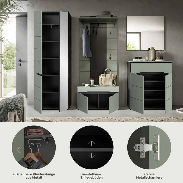 Garderobenkombination (B/H/T: 255x190x37 cm) in Smoke Green Nachbildung – Bild 7