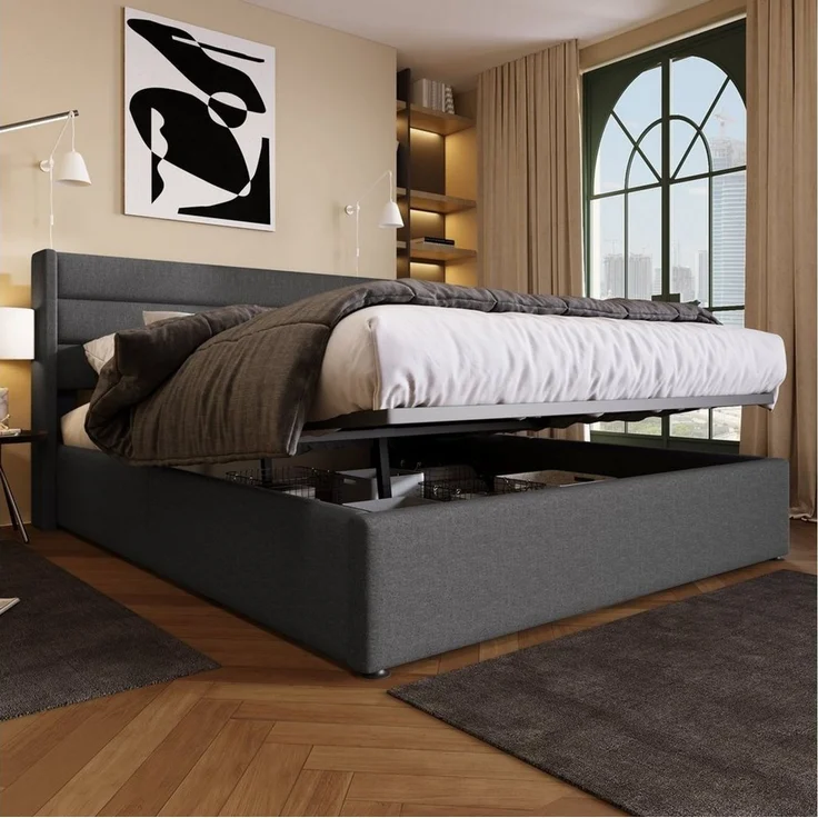 Odikalo Stauraumbett Polster Doppelbett 140/160/180 Lattenrost mit/ohne Matratze Beige/Grau – Bild 4