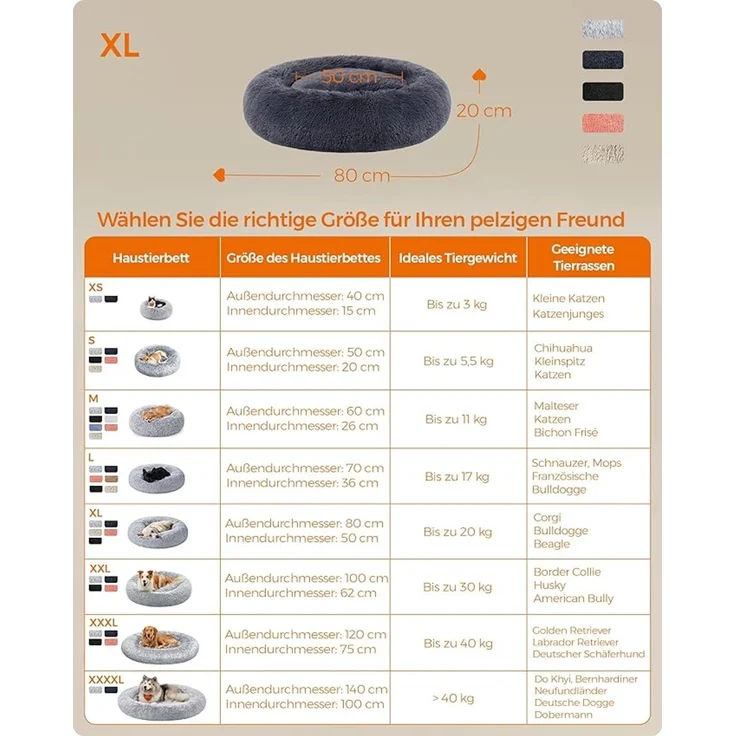 Feandrea Hundebett flauschig, Katzenbett, Donut Kissen, waschbar, Polsterung in der Mitte herausnehmbar, langer Plüsch, 80 cm Durchmesser, dunkelgrau – Bild 5