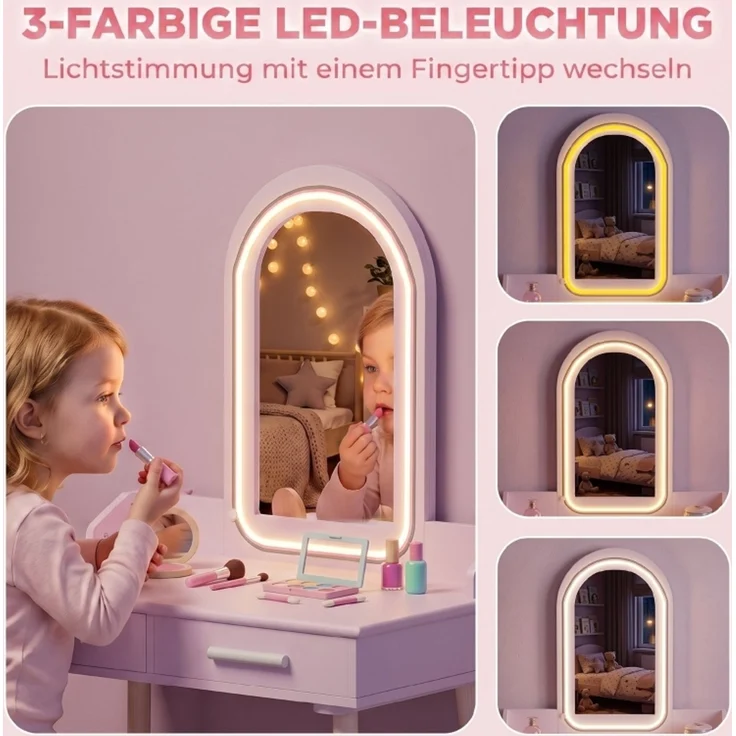 inder Schminktisch Set 2 in 1 Frisiertisch Schreibtisch mit Hocker LED-Spiegel in 3 Lichtfarben 2 Schublade 3-8 Jahre--Rosa--60x36x100cm--YOUDENOVA – Bild 4