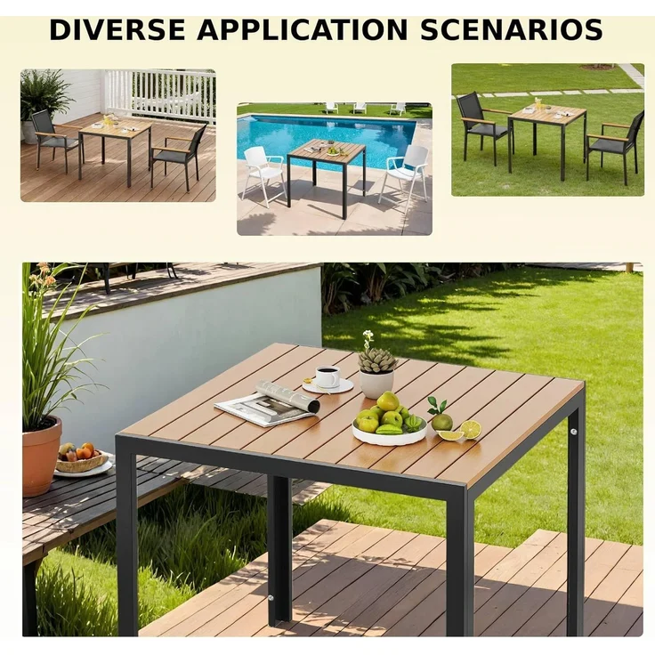 Clevich Wetterfester Gartentisch 75x75 cm, Quadratisch aus Aluminium mit WPC Tischplatte,Outdoor Esstisch für Balkon und Terrasse, pflegeleicht und langlebig, Schwarz+Teak – Bild 4