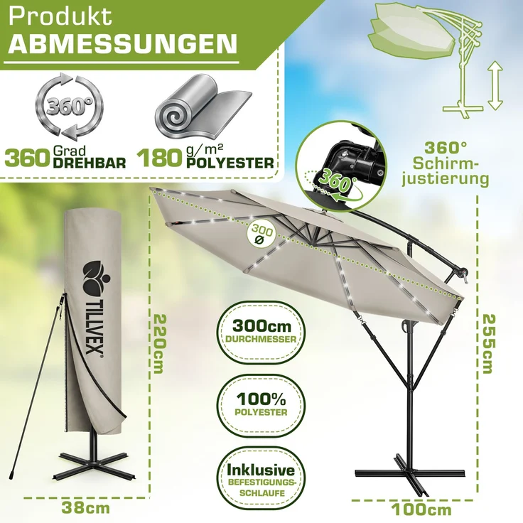 tillvex Alu Ampelschirm Taupe LED Solar Ø 300 cm mit Kurbel | Sonnenschirm mit An-/Ausschalter | Gartenschirm UV-Schutz Aluminium | Kurbelschirm mit Ständer Marktschirm wasserdicht – Bild 2