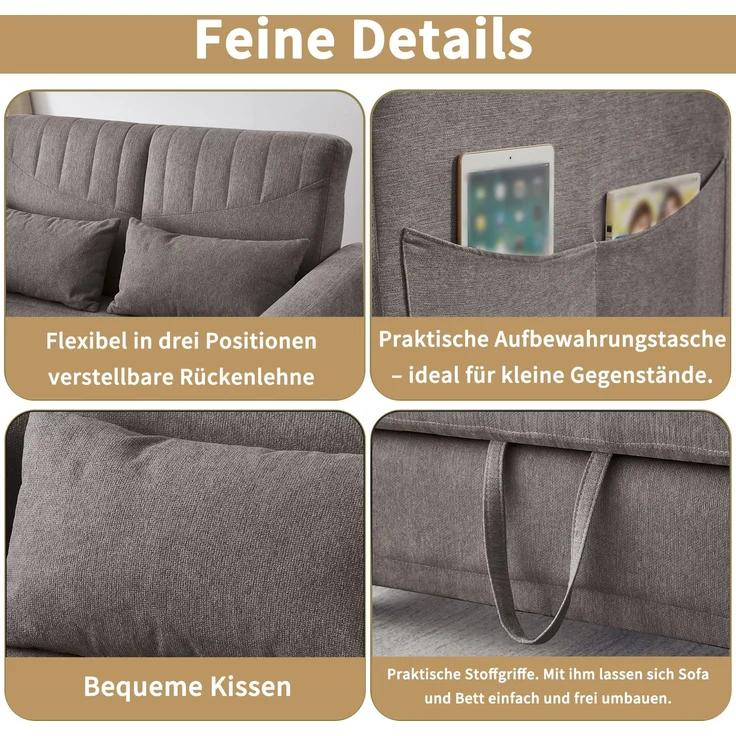 Sofabett 114x77x82,5 cm Grau, ausziehbar mit 3-fach verstellbarer Rückenlehne & Baumwoll-Leinen – Bild 5