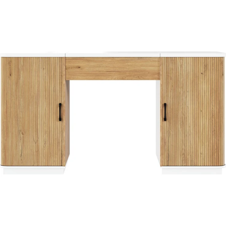 Schreibtisch 140x50x78/92 cm, manuell höhenverstellbar, MDF in Weiß und Eichenoptik – Bild 6
