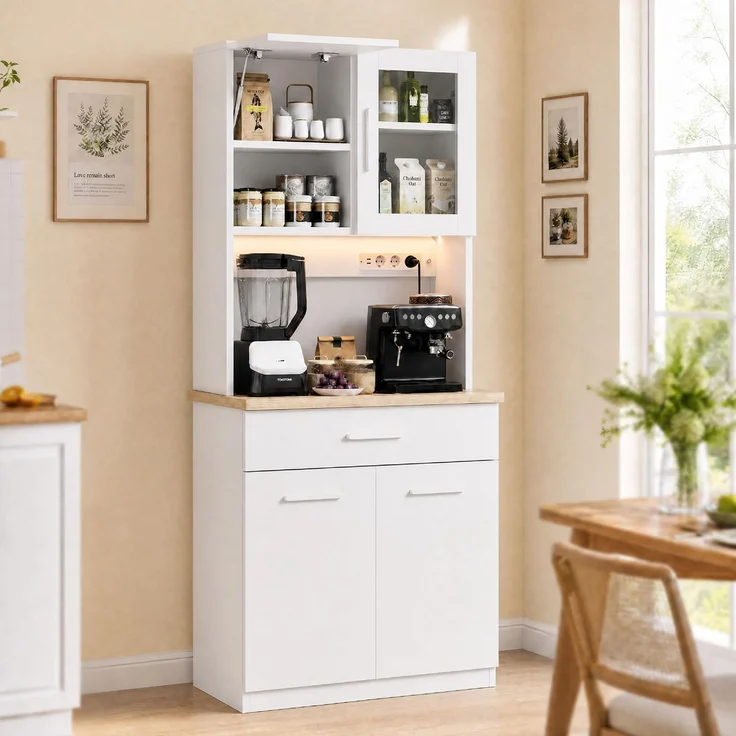JUMMICO Küchenschrank mit Arbeitsplatte & Steckdose, Buffetschrank LED Soft-Close, Vorratsschrank Höhenverstellbar Verstärkte Rückwand, Mehrzweckschrank Küche Wohnzimmer