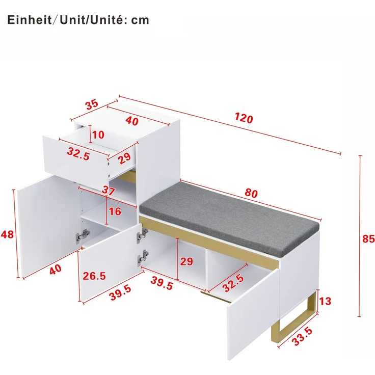 Schuhschrank MDF mit Sitzbank & Schublade, 120x35x85 cm, Weiß – Bild 10
