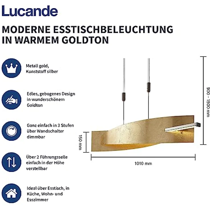 Lucande LED-Hängeleuchte Marija, 101 cm, goldfarben, dimmbar mit gebogenen Blenden und Höhenverstellung – Bild 2