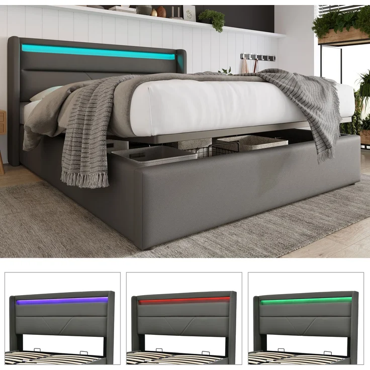 CHICFURN Polsterbett PU Grau 160x200 cm mit LED-Beleuchtung und hydraulischem Bettkasten – Bild 5