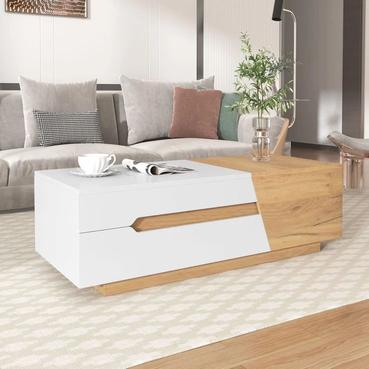 Couchtisch verschiebbar mit Stauraum 120x50 cm MDF Modern Wohnzimmer Tisch Weiß+Holzfarbe – Bild 4
