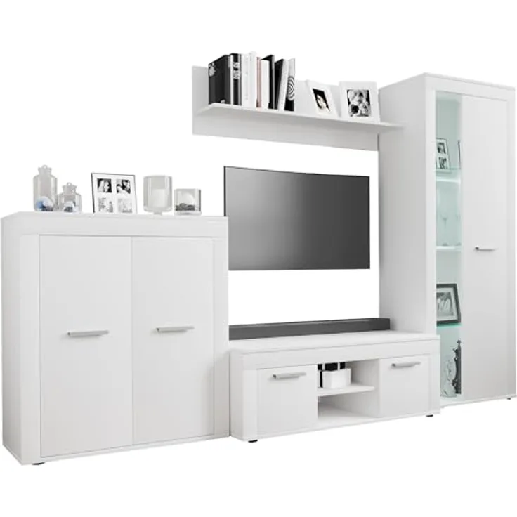 MID.YOU Wohnwand Usilo, Weiß, 4-teilig mit 5 Fächern, stehend und hängend, 242x159x37 cm, Kunststoff