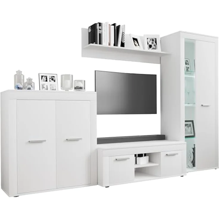 MID.YOU Wohnwand Usilo, Weiß, 4-teilig mit 5 Fächern, stehend und hängend, 242x159x37 cm, Kunststoff – Bild 1