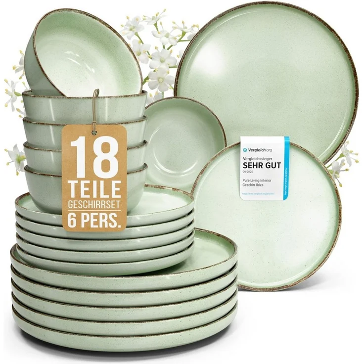 PURE LIVING INTERIOR DESIGN Geschirr-Set Rustic aus Steingut, 18-tlg, für 6 Personen, Mintgrün (18-tlg), 6 Personen, Steingut – Bild 1