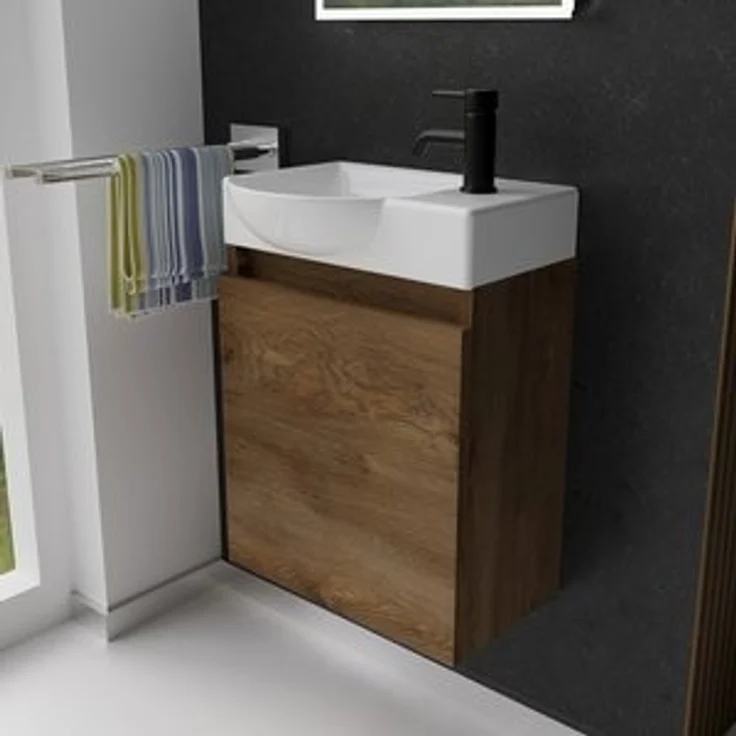 Alpenberger Badmöbel-Set Gäste WC Waschbecken mit Unterschrank - Hängeschrank Vormontiert, (Badschrank 2-tlg, Waschtisch hängend), Waschbeckenunterschrank mit Softclose - Farbe Eiche – Bild 6