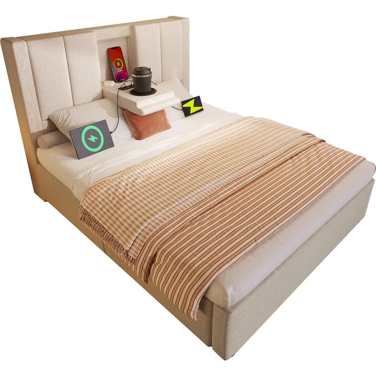 EINHOM Polsterbett 90 x 200 cm Einzelbett mit Verstecktem Becherhalter & Ladestation, Hydraulisches Bett mit Stauraum unter dem Bett, Inkl, Lattenrost, Leinen Beige (Ohne Matratze) – Bild 7
