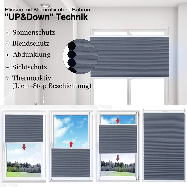 WOLTU Wabenplissee ohne Bohren Verdunklung Thermo Doppelplissee Klemmfix Zweifarbig 60x130 cm Blau-Weiß, Plissee Faltrollo Sonnen-, Sicht- & Schallschutz, Jalousie Plisseerollo für Fenster & Tür – Bild 6