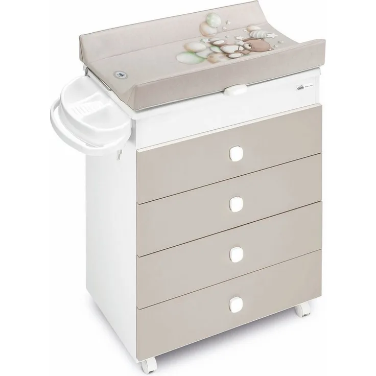CAM Baby Mehrzweck-Wickelkommode Asia | für 0-12 Monate | Weiß Braun | inklusive Badewanne und Wickelunterlage