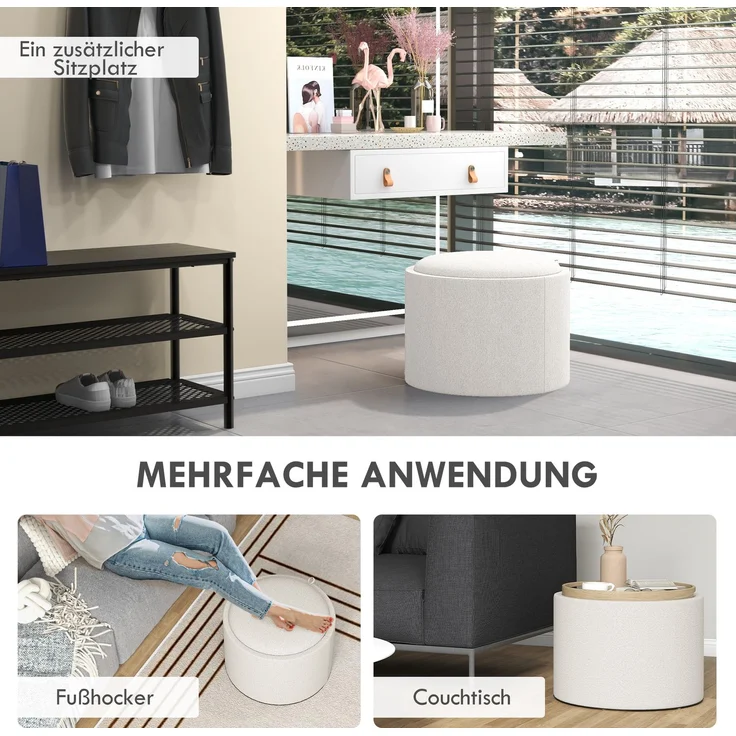 HOMCOM Sitzhocker mit Stauraum, Klappdeckel, Leinenoptik, Polsterhocker, Cremeweiß, 56 x 42 x 42 cm – Bild 7