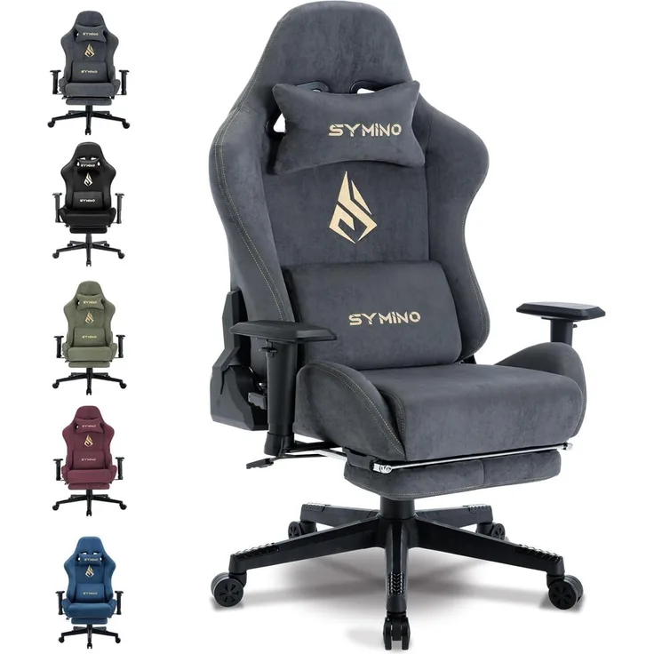 Symino Gaming Stuhl Bürostuhl Hochwertiger Stoff Ergonomisch Verstellbar Grau