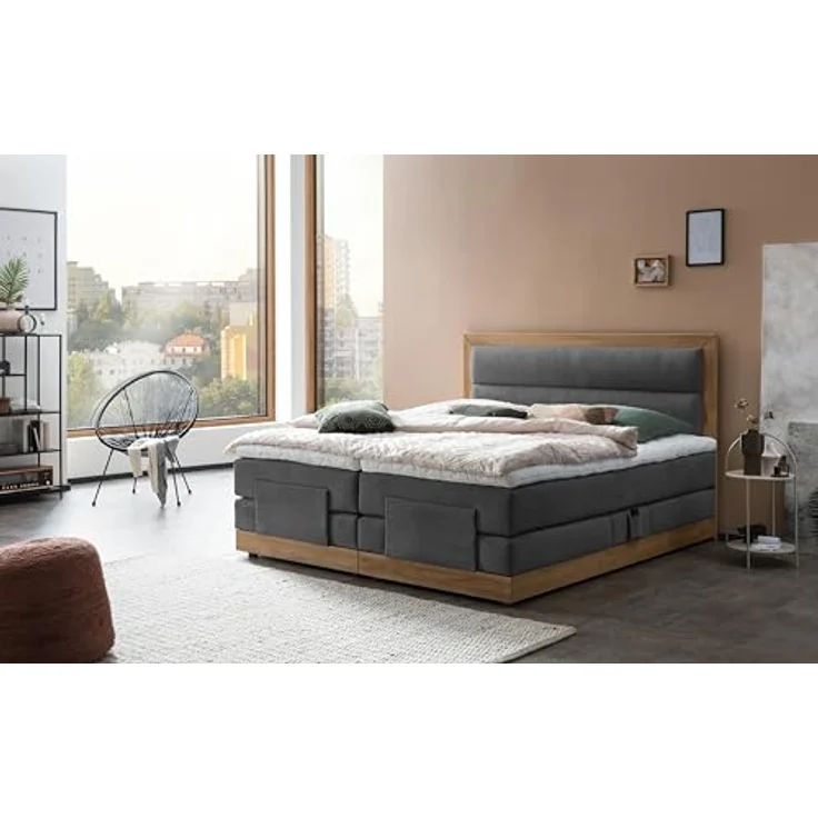 Belanoti Boxspringbett MODELA (Boxspringbett 180x200 elektrisch verstellbar Bett 180x200 mit Motor, 7-Zonen Taschenfederkern Matratze inklusive Visco Topper), in der Farbe Anthrazit H2/H3 Polsterbett Motorbett mit Eiche – Bild 2