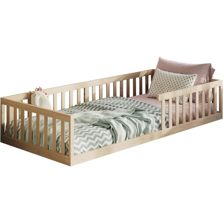 Kids Collective Kinderbett Bodenbett Bett mit Rausfallschutz & Lattenrost Montessori Bett Kinder (weitere Größen, 120x200, 140x200 cm), Jugendbett Einzelbett optional mit Matratze, natur Kiefer 90x200 cm – Bild 5