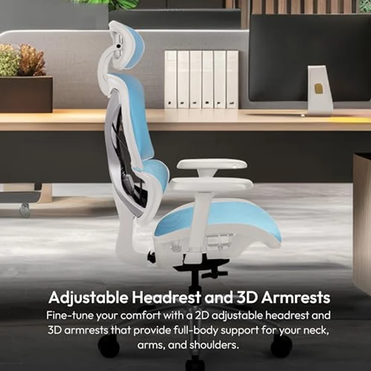 ThunderX3 XTC Ergonomischer Bürostuhl, weiß/blau, mit Mesh-Bezug, 3D-Armlehnen und bis 125 kg Belastbarkeit – Bild 5