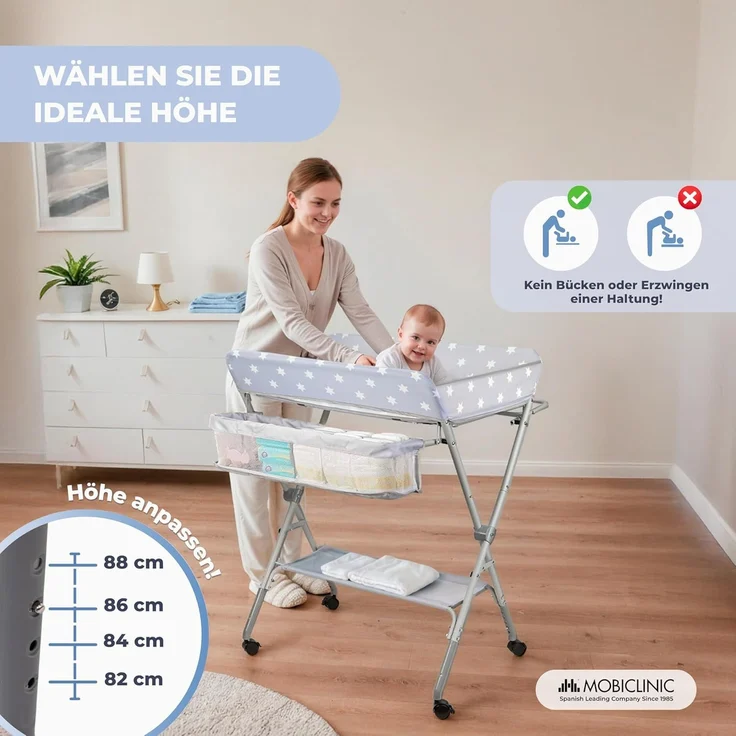 Mobiclinic®, Wickeltisch, Klappbar, Höhenverstellbar, Bis zu 15 Kg, 0–36 Monate, Windel-Organizer, 360°-Räder mit Bremse, Gurt und Sicherheitszaun, Waschbarer Bezug, Aufbewahrung, Zoey – Bild 5