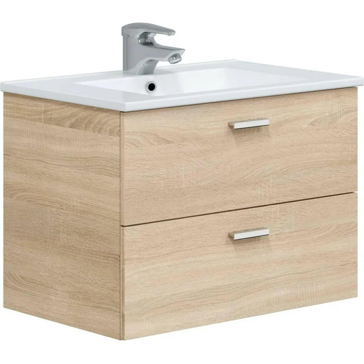 Dmora - Badezimmermöbel Denison, Badezimmerschrank, Mehrzweckschrank, Hängeschrank mit Spiegel, 70x45 h50 cm, Eiche – Bild 2