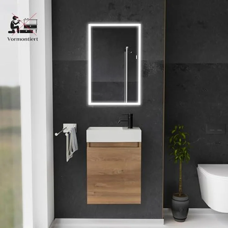 Alpenberger Badmöbel-Set Gäste WC Waschbecken mit Unterschrank - Badschrank Hängend, (Waschbeckenunterschrank mit Softclose, 2-tlg. Waschtisch Set Bamboo), Waschplätze für Kleine Bäder - Badschrank Hängend und Vormontiert – Bild 3