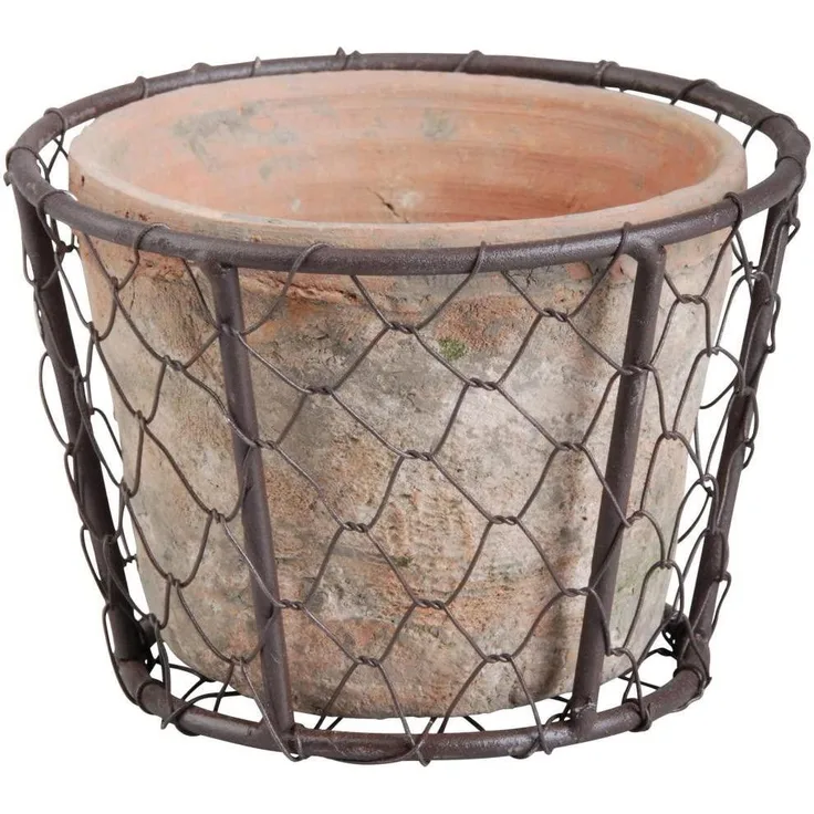 Terracotta Topf im Drahtkorb aus Weichstahl
