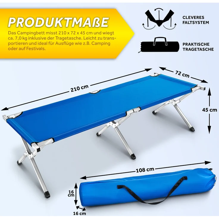 Feldbett Blau 210 x 72 x 45 cm Campingbett Bett Liege Gästebett Reisebett Klappbett Campingliege – Bild 5
