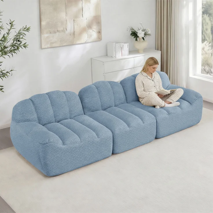 EINHOM 3-Sitzer Modulares Sofa, Boneless Design aus 32D Hochdichtschaum, tiefe Sitzfläche, ideal für Wohnzimmer, weicher Stoff, Blau – Bild 5