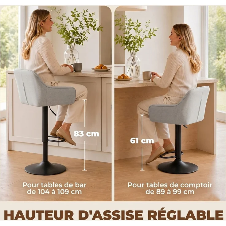 Barhocker, 2er-Set, Barstühle aus Chenille, höhenverstellbar, um 360° drehbar, mit Rückenlehne und Fußstütze, grau – Bild 7