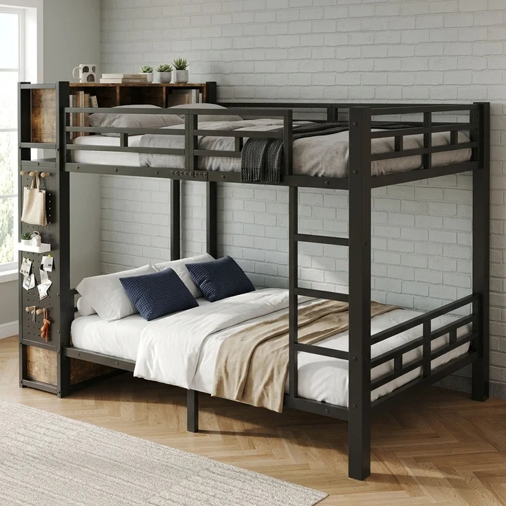 EINHOM Schwarzes Metall-Etagenbett 120 x 200 cm mit Stauraum, Kleiderstange, Schublade, Lochwand und Offenen Ablagefächern, Stockbett mit Multifunktionalem Aufbewahrungssystem (Ohne Matratze) – Bild 3