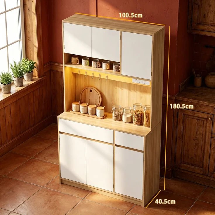Halupeit Weißes Sideboard in Holzoptik mit LED-Ambientebeleuchtung, Doppelschubladenschrank für Küche/Wohnzimmer, 40,5 × 100,5 × 180,5 cm – Bild 4