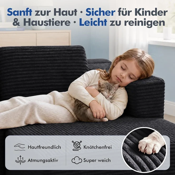 COMHOMA Ecksofa mit Schlaffunktion, 228cm Corduroy Modulares Boneless Couch mit Chaiselongue & Rücken-Metallgestell, L-Form Schlafsofa mit offenem Design, Kissen & Seitentaschen,für Wohnzimmer,Schwarz-L – Bild 10