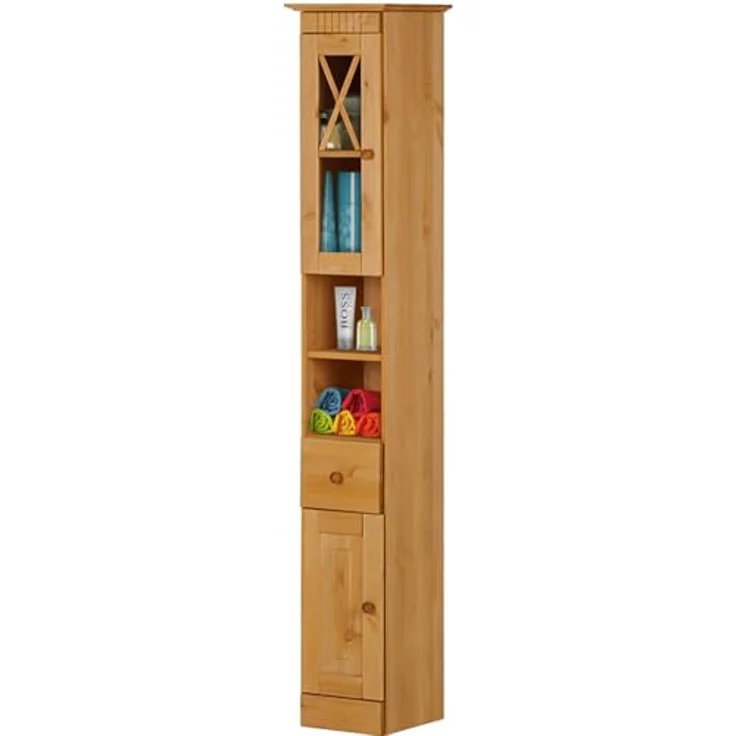 Dorel Home Furnishings Cornelia | Hoher Badezimmerschrank mit 2 Türen und 1 Schublade in Kiefer – Bild 6
