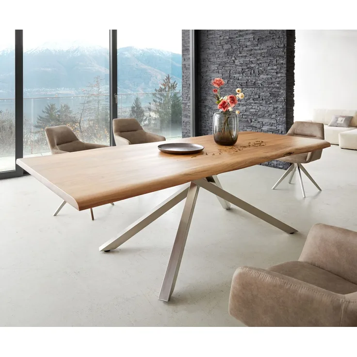Esstisch Edge 240x100 Akazie Natur Kreuzgestell Rechteck Edelstahl Live-Edge