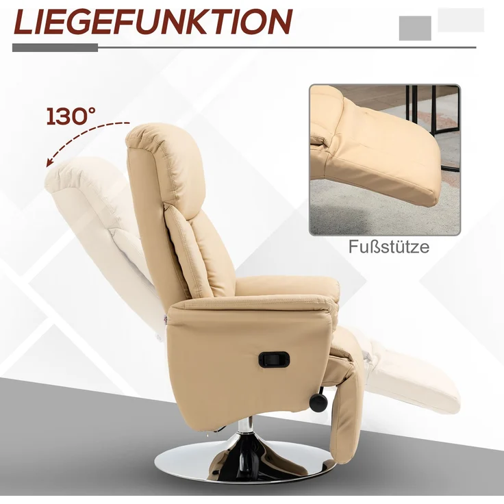 Wohnora-Relaxsessel, Liegefunktion, Lederoptik, Fußstütze, bis 150 kg, 78 x 80 x 109 cm, Beige,H 1090cm x T 800cm x B 780cm – Bild 5