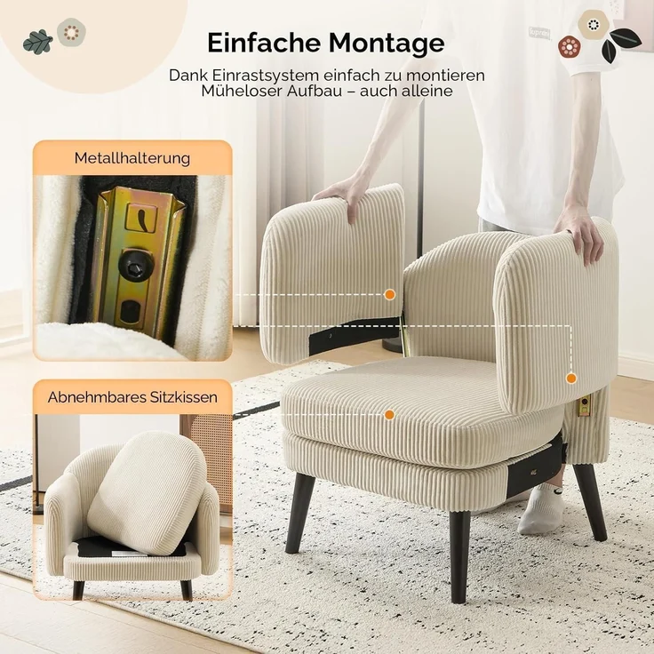 Sessel Cocktailsessel Loungesessel Wohnzimmer Cord-stoff Beige – Bild 6