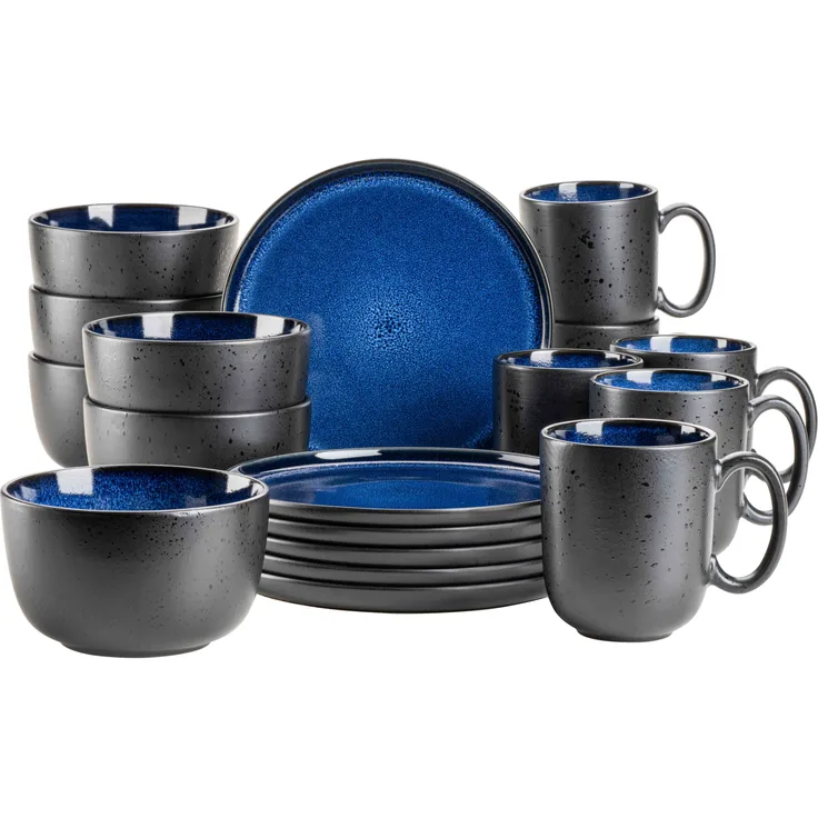 Modernes Geschirr Set für 6 Personen in aufregendem Vintage Look, 18-teiliges Frühstücksgeschirr Service aus Keramik in Blau und Schwarz