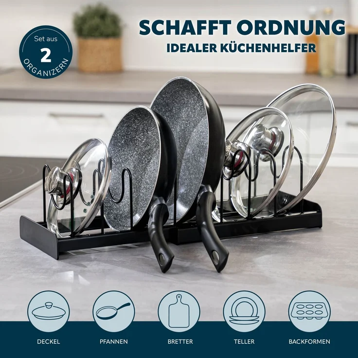 eluno Topfdeckel und Pfannenhalter 2er Set für 7 Töpfe, Pfannen, Deckel, Teller und Schneidebretter aus schwarzem Metall – Bild 2