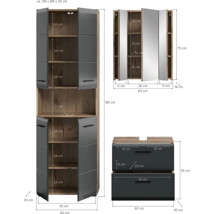 Badkombination (B/H/T: 135x185x30 cm) in schwarz matt und Nox Oak Nachbildung – Bild 4